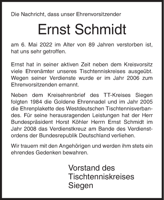 Traueranzeige von Ernst Schmidt von Siegener Zeitung