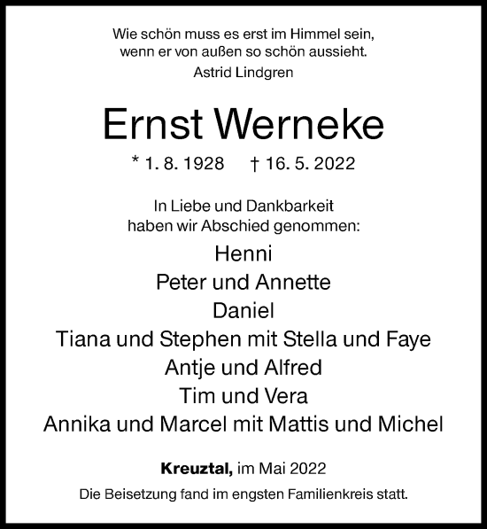 Traueranzeige von Ernst Werneke von Siegener Zeitung