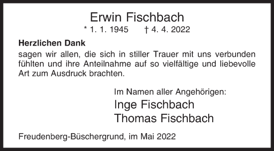 Traueranzeige von Erwin Fischbach von Siegener Zeitung