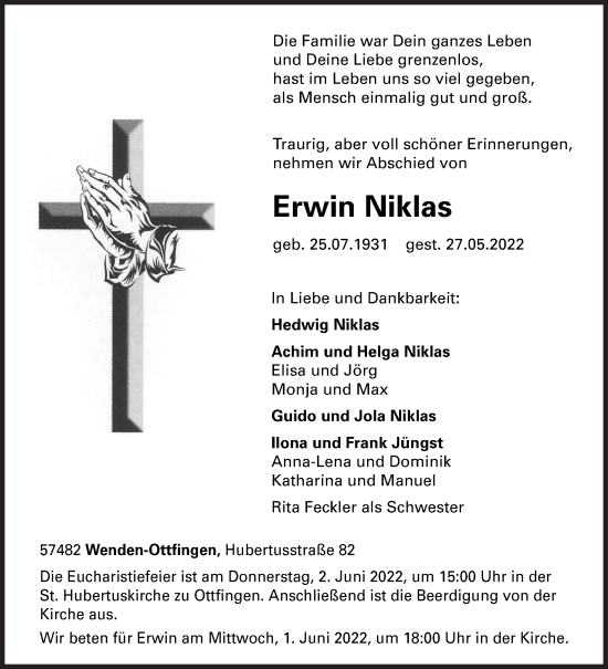 Traueranzeige von Erwin Niklas von Siegener Zeitung