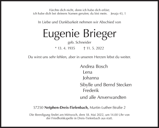 Traueranzeige von Eugenie Brieger von Siegener Zeitung