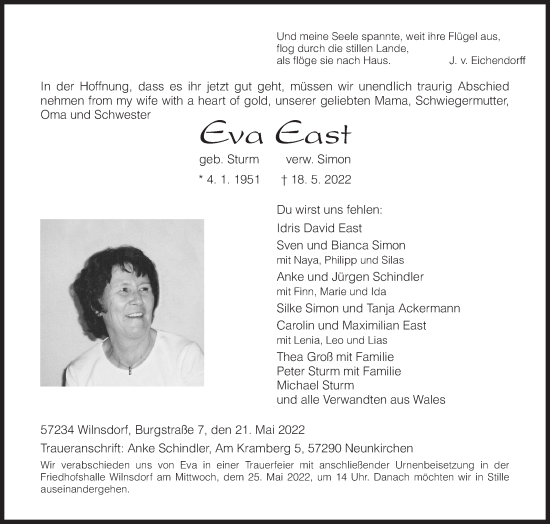 Traueranzeige von Eva East von Siegener Zeitung