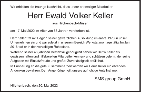 Traueranzeige von Ewald Volker Keller von Siegener Zeitung