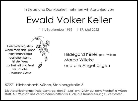 Traueranzeige von Ewald Volker Keller von Siegener Zeitung