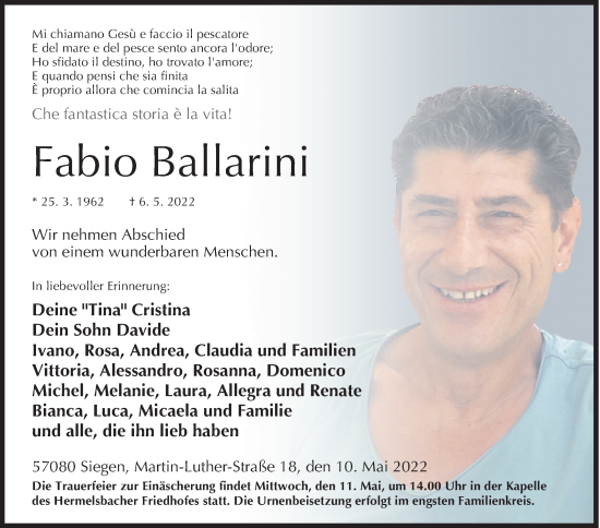 Traueranzeige von Fabio Ballarini von Siegener Zeitung