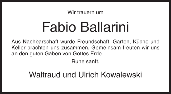 Traueranzeige von Fabio Ballarini von Siegener Zeitung