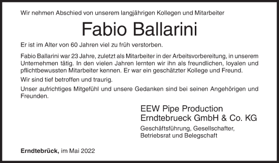 Traueranzeige von Fabio Ballarini von Siegener Zeitung