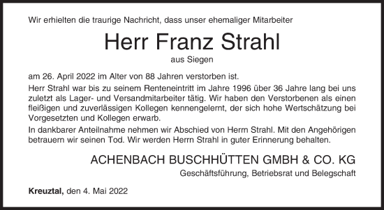 Traueranzeige von Franz Strahl von Siegener Zeitung