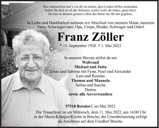 Traueranzeige von Franz Zöller von Siegener Zeitung