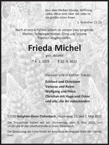 Traueranzeige von Frieda Michel von Siegener Zeitung