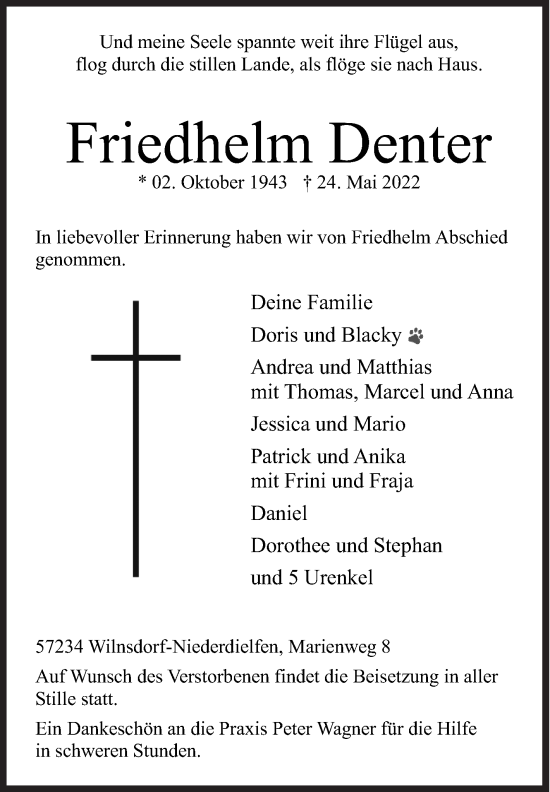 Traueranzeige von Friedhelm Denter von Siegener Zeitung