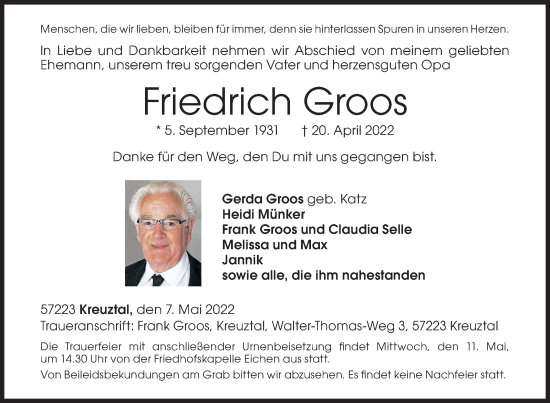 Traueranzeige von Friedrich Groos von Siegener Zeitung