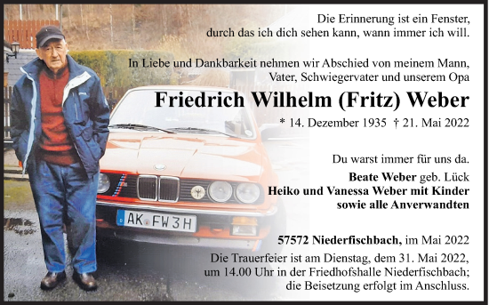 Traueranzeige von Friedrich Wilhelm Weber von Siegener Zeitung