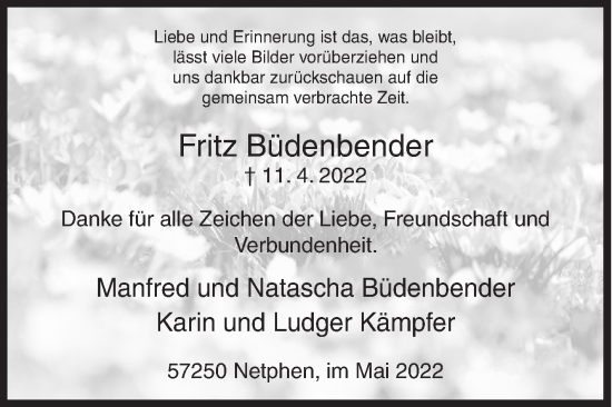 Traueranzeige von Fritz Büdenbender von Siegener Zeitung