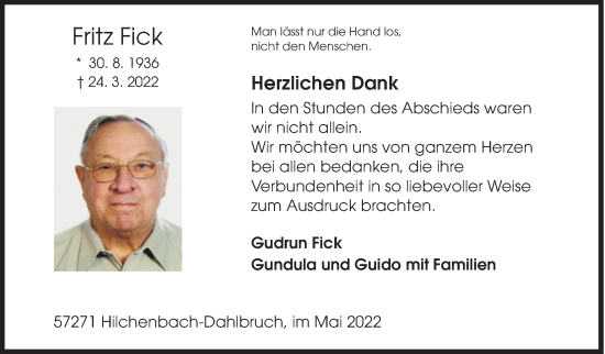 Traueranzeige von Fritz Fick von Siegener Zeitung