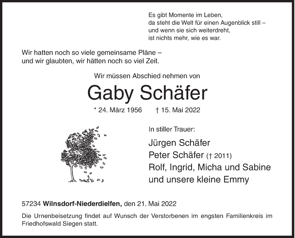  Traueranzeige für Gaby Schäfer vom 21.05.2022 aus Siegener Zeitung