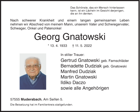 Traueranzeige von Georg Gnatowski von Siegener Zeitung