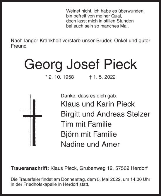 Traueranzeige von Georg Josef Pieck von Siegener Zeitung