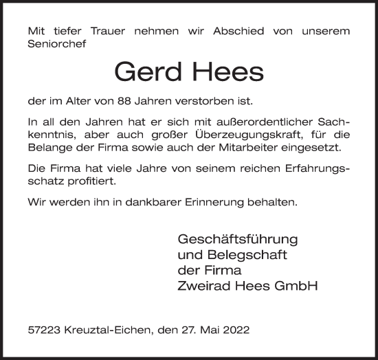 Traueranzeige von Gerd Hees von Siegener Zeitung