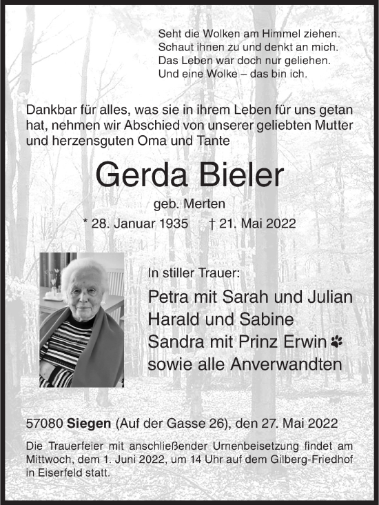 Traueranzeige von Gerda Bieler von Siegener Zeitung
