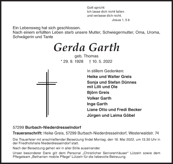 Traueranzeige von Gerda Garth von Siegener Zeitung