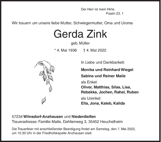 Traueranzeige von Gerda Zink von Siegener Zeitung
