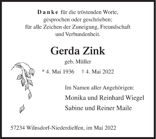 Traueranzeige von Gerda Zink von Siegener Zeitung
