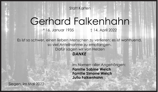Traueranzeige von Gerhard Falkenhahn von Siegener Zeitung