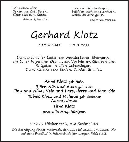Traueranzeige von Gerhard Klotz von Siegener Zeitung