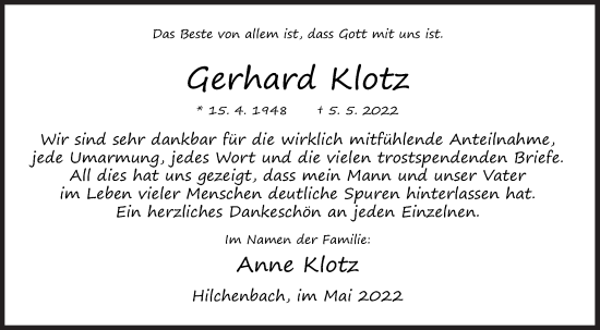 Traueranzeige von Gerhard Klotz von Siegener Zeitung