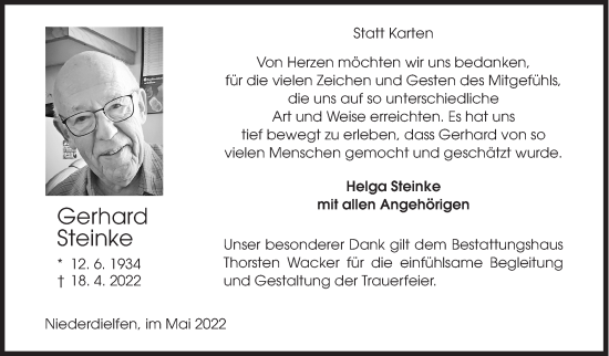 Traueranzeige von Gerhard Steinke von Siegener Zeitung