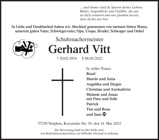 Traueranzeige von Gerhard Vitt von Siegener Zeitung