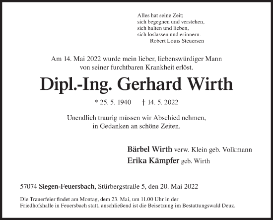 Traueranzeige von Gerhard Wirth von Siegener Zeitung