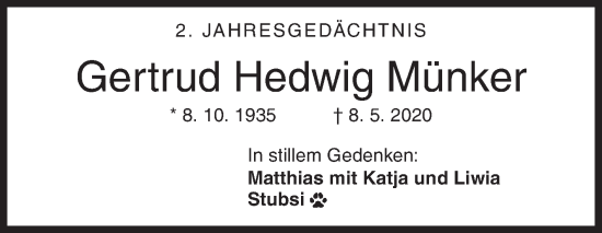 Traueranzeige von Gertrud Hedwig Münker von Siegener Zeitung