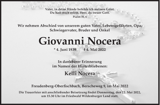 Traueranzeige von Giovanni Nocera von Siegener Zeitung