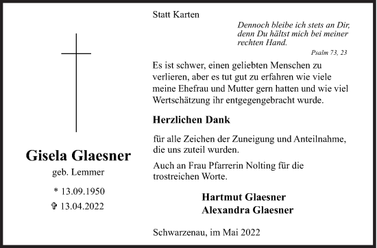 Traueranzeige von Gisela Glaesner von Siegener Zeitung