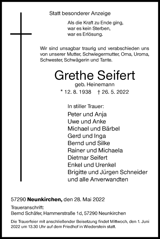 Traueranzeige von Grethe Seifert von Siegener Zeitung