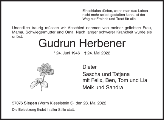 Traueranzeige von Gudrun Herbener von Siegener Zeitung