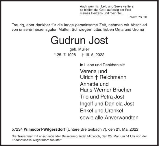 Traueranzeige von Gudrun Jost von Siegener Zeitung