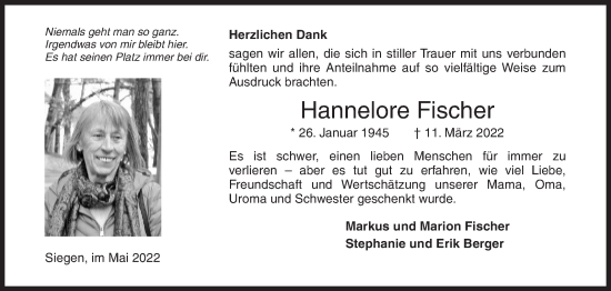 Traueranzeige von Hannelore Fischer von Siegener Zeitung