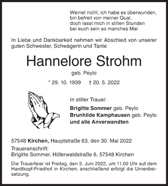 Traueranzeige von Hannelore Strohm von Siegener Zeitung