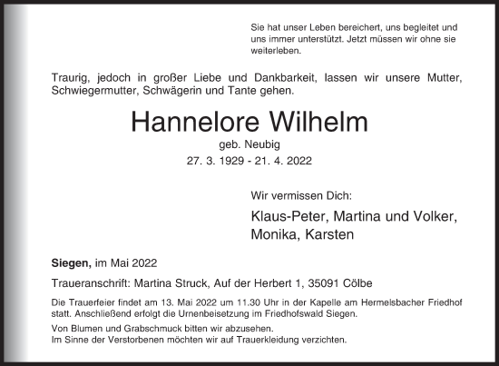 Traueranzeige von Hannelore Wilhelm von Siegener Zeitung