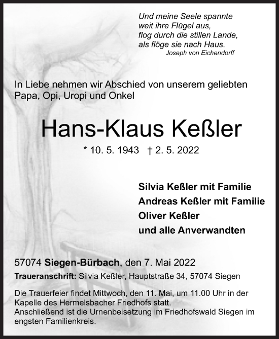 Traueranzeige von Hans-Klaus Keßler von Siegener Zeitung