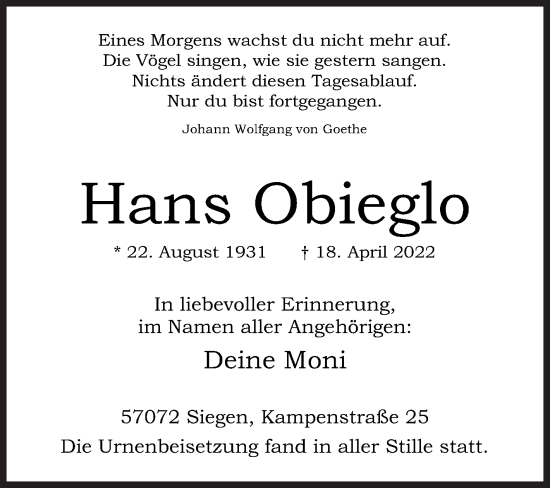 Traueranzeige von Hans Obieglo von Siegener Zeitung