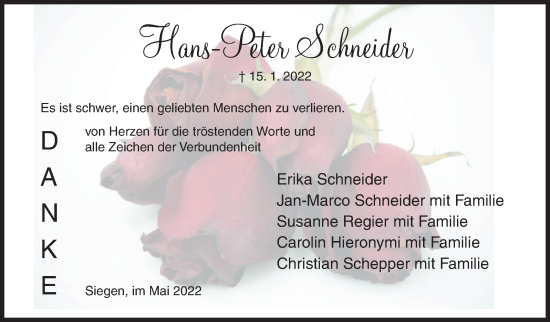 Traueranzeige von Hans-Peter Schneider von Siegener Zeitung