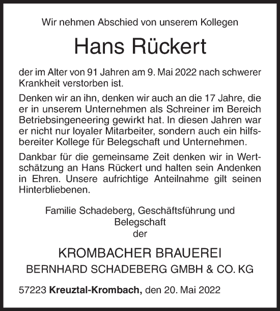 Traueranzeige von Hans Rückert von Siegener Zeitung