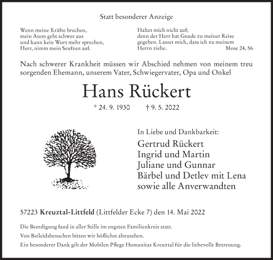 Traueranzeige von Hans Rückert von Siegener Zeitung