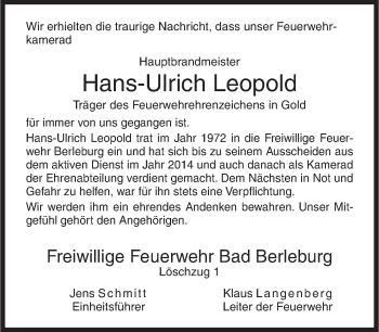 Traueranzeige von Hans-Ulrich Leopold von Siegener Zeitung