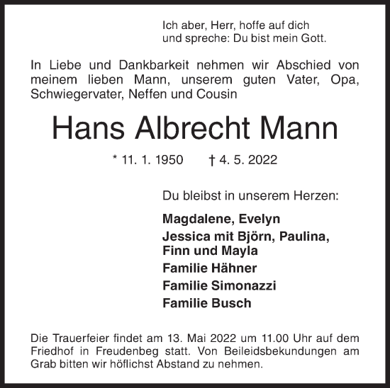 Traueranzeige von Hans Albrecht Mann von Siegener Zeitung