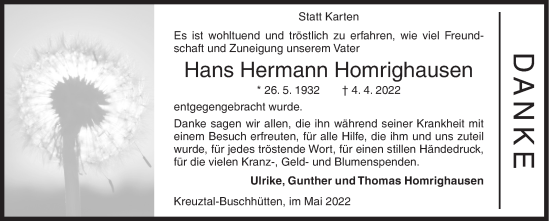 Traueranzeige von Hans Hermann Homrighausen von Siegener Zeitung